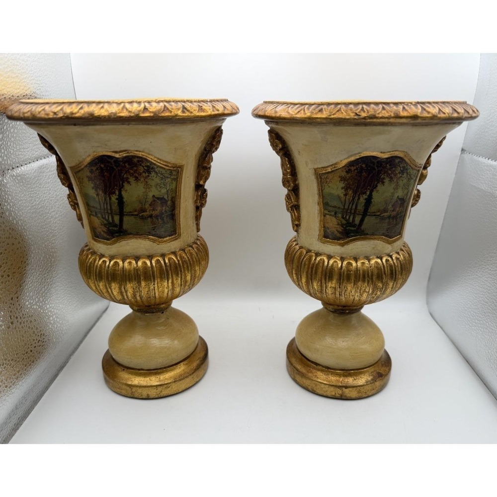 Vintage Hollywood Regency Gold Medici Urn Vase Pair Landscape Decor